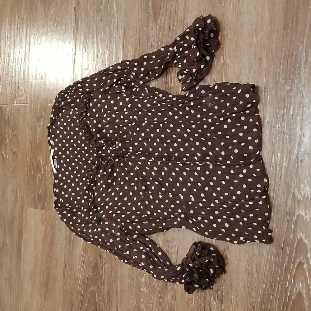 (L) Le Caviar Polka Dot Print Sheer Statement Sleeves Peasant Bohemian Y2K
